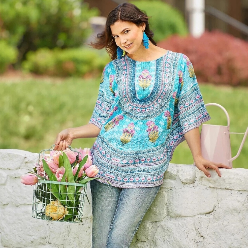 Tolani Collection | Boho Floral Print Modal Caftan Tunic drapey top womens XL - Picture 2 of 11